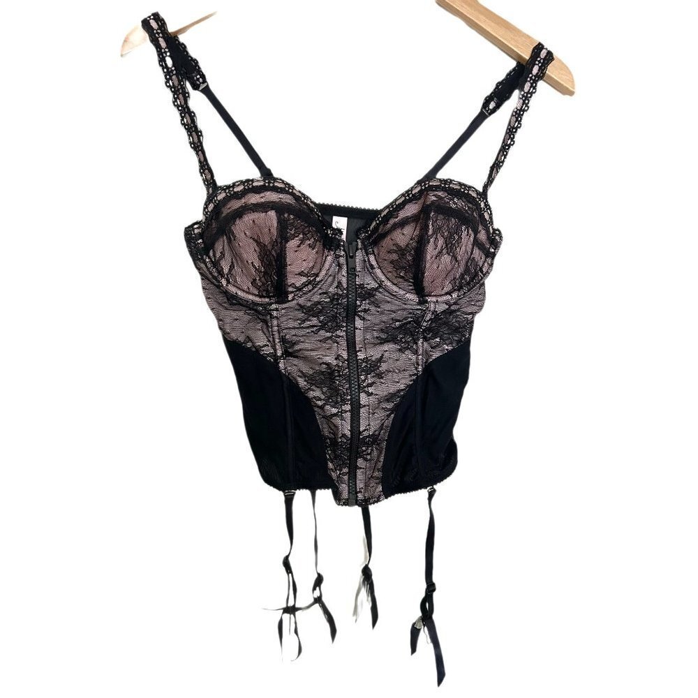 JEZEBEL Black Lace Bustier with Attached Garter Belt Size Small
